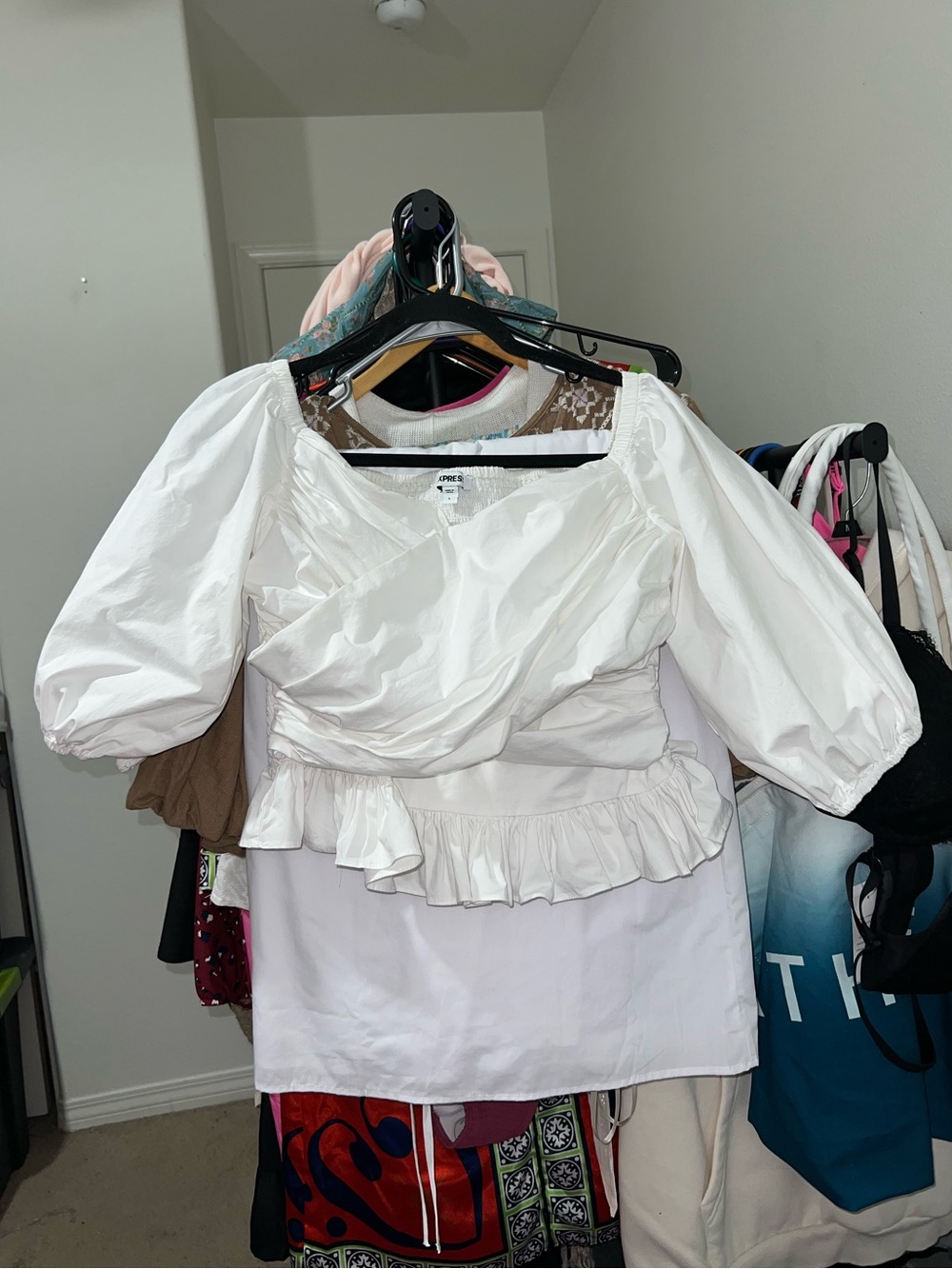 Express White Off-Shoulder Puff Sleeve Blouse with Ruffle Hem